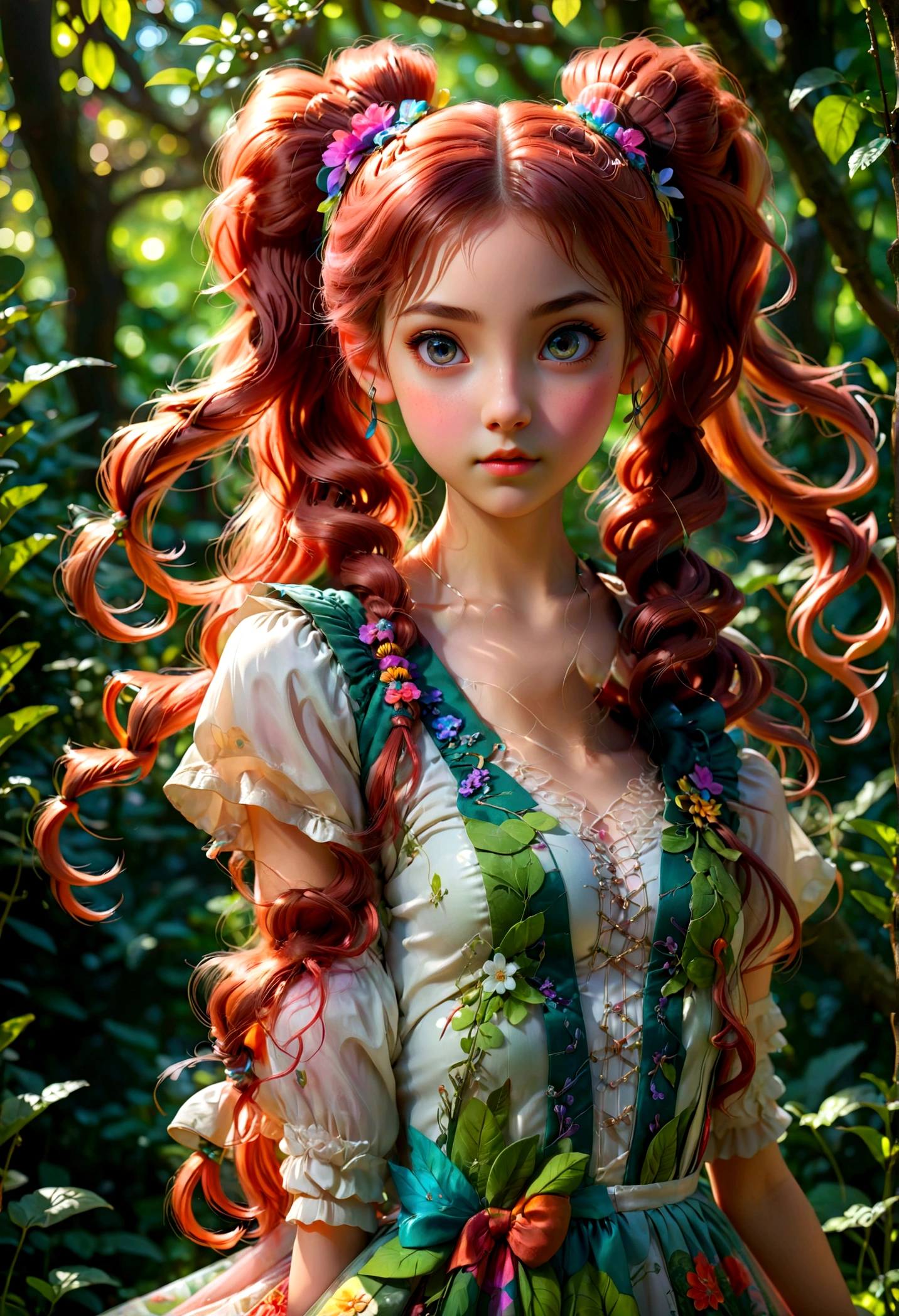 1girl, Twin Tails, A beautiful young girl with twin tails hairstyle, extremely detailed eyes and face, longeyes, flowing hair, intricate dress, delicate features, serene expression, standing in a lush garden, sunlight filtering through the trees, vibrant colors, warm lighting, (4k,8k,highres:1.2), ultra-detailed, portrait, fantasy, masterpiece, best quality, very aesthetic, absurdres