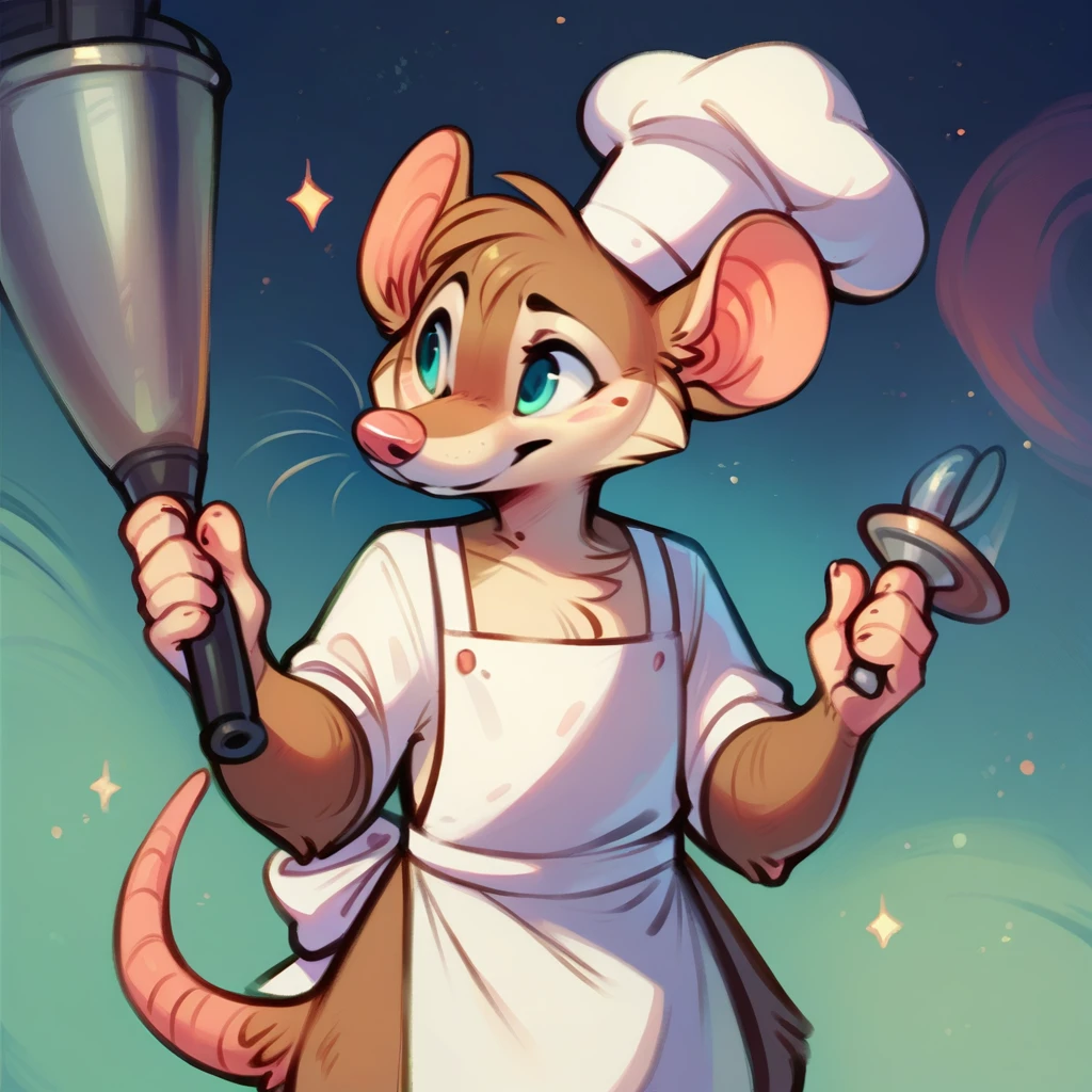 Mouse chef, semi-anthropomorphic, holding a telescope in his hand and looking into the distance, detailed facial features, chef hat, apron, detailed clothing, complex textures, high quality, realistic, 8K, masterpiece, cinematic lighting, warm tones