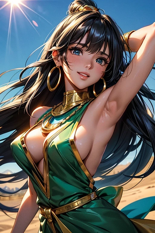 #Basics A girl is posing for a photo, animeのかわいい女の子, (((One Girl, , Young girs old))), 
Bhing Accessories 
((Shiny(Gold on green)Egyptian Dress)), 
Gold Hoop Earrings, Fancy Necklace, Gold bracelet decorated with blue gemstones, 
BREAK 

#Features 
(Black Hair:1.4), (Bangs), (Long Hair : Long Hair + Thin Hair + Hair blowing in the wind),  
(Droopy eyes, blue eyes), (Small breasts),  
BREAK 

#background environment 
((noon, Sunshine, blue sky, desert, pyramid)), 
#Facial Expression Pose
((A happy look, laughing), (Perform dynamic and captivating dance moves, Armpits are visible)), 
#composition 
((Face the camera, Angle from below, Cowboy Shot)), 
BREAK 

#Body parts elements 
(Detailed hair, Beautiful Hair, Shiny髪), 
(double eyelid, Long eyelashes), 
(Expression of fine eyes, Beautiful and delicate eyes, Sparkling eyes, Eye Reflexes, Glitter Eyeliner), 
(Human Ear), 
(Beautiful Nose, Thin Nose), 
(Glossy lips, Beautiful Lips, Thick lips, Shiny唇, Natural Cheeks), 
(Detailed face, Symmetrical facial features), 
(Detailed skin, Textured skin, Beautiful Skin, Shiny肌 
BREAK 

#Quality 
(((Highest quality)), ((masterpiece)), ((Very detailed))), ((High resolution), (16K,1080P)), 
(Realistic), (Anatomically correct), 
((comics, anime)), (3DCG), CG illustration,
