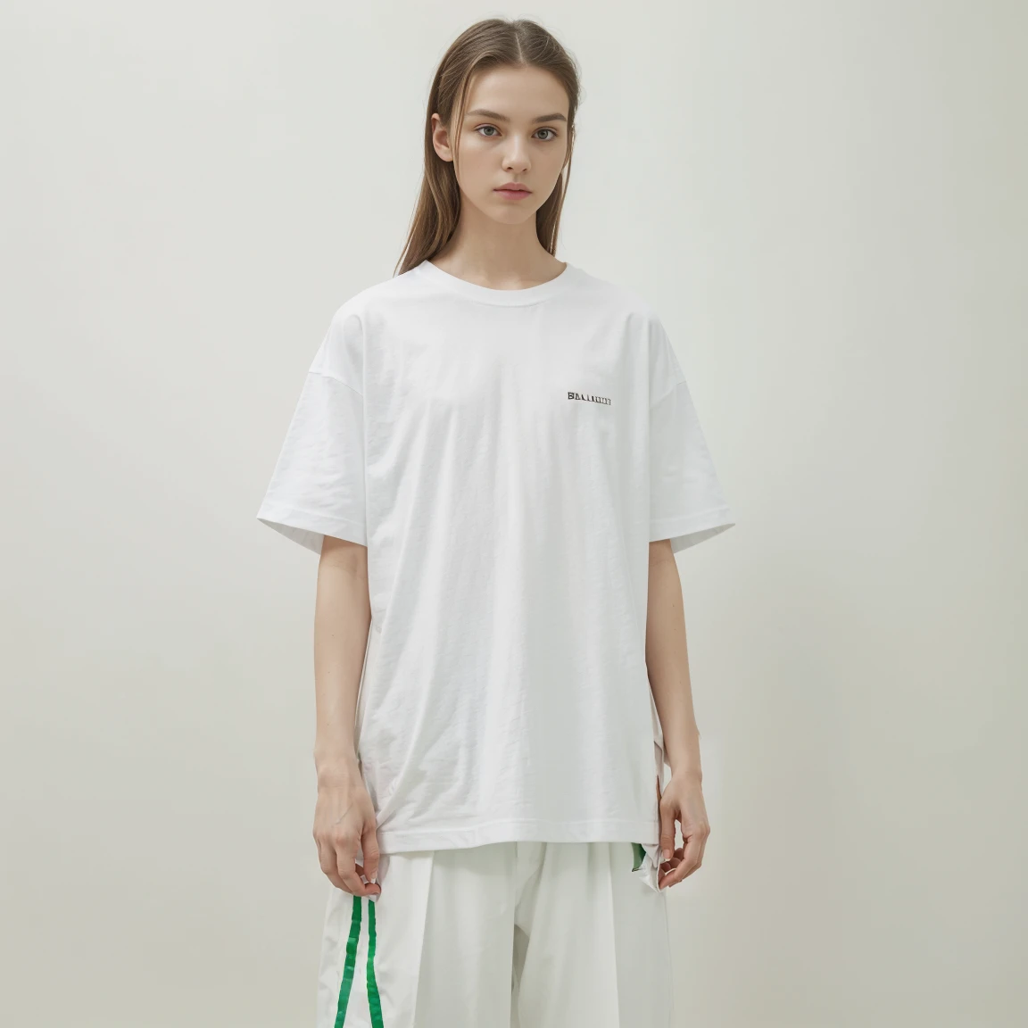 white oversize t-shirt no any patten on any logo,white oversize t-shirt , all green color background,balenciaga concept fashion photo, Paris