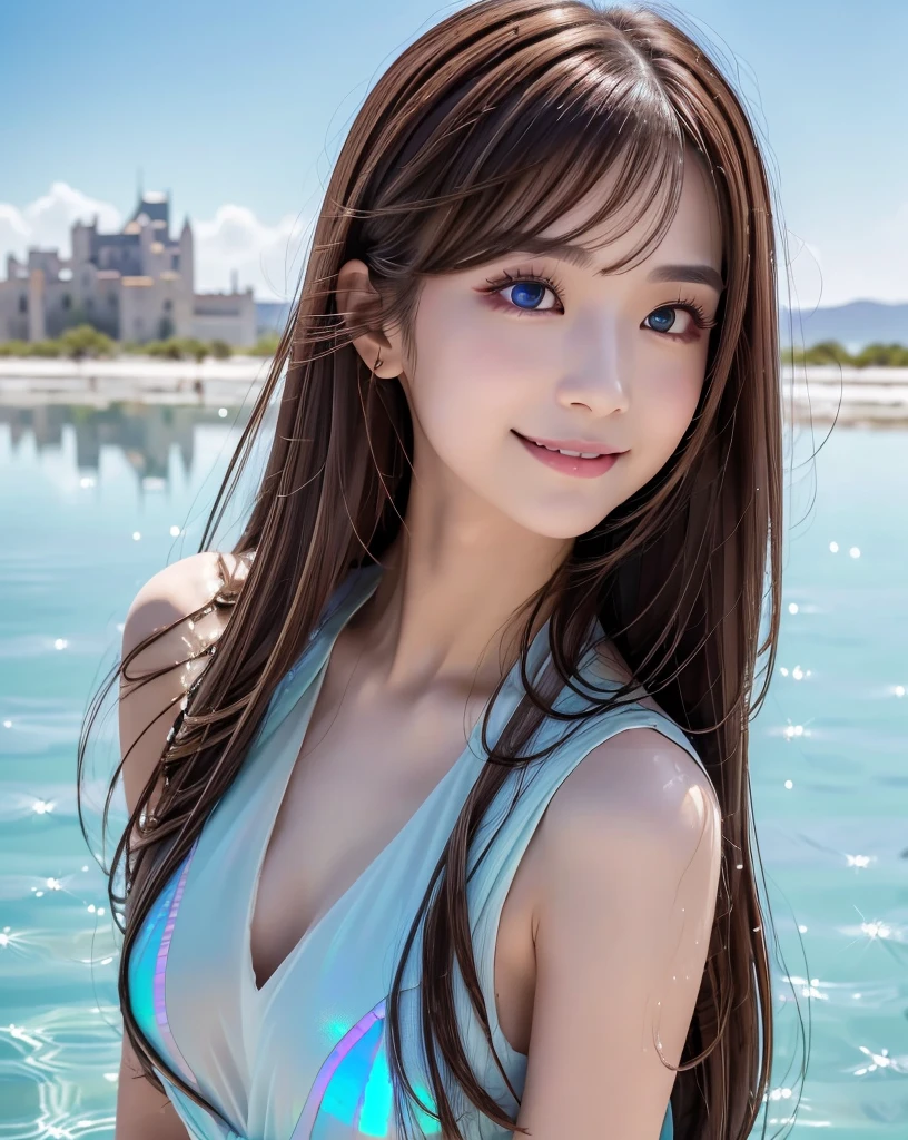 (Highest quality, 32k, High resolution, Masterpiece:1.5), marimo_jet, god々A photograph with brilliant dazzling and healing power., Evoking a sense of calm and elusive beauty, Expressing emotions, Have a rich imagination, Beautiful Japanese Girls, An exceptionally beautiful face, Small Face Beauty, , Perfect Human Anatomy, Magical big eyes, Motherhood and generosity, Deep Love, fleeting smile, ((Iridescent brown hair:1.3)), Super long hair swaying in the wind, Asymmetrical bangs, Hair between the eyes, Transparent, soft white skin, Sharp eyebrows, Thin lashes, ((Natural Makeup:1.3)), Red dress, High resolutionの完璧な鎖骨, High resolutionの美しい胸元, Slim figure with ample breasts, High resolutionの美しい太もも, ((An old castle appears hazy on the distant horizon:1.5)), ((Salar de Uyuni stretches to the horizon:1.3)), ((The water surface reflects the sky like a mirror:1.5)), Beautiful detailed blue sky, Professional photographer, Professional Lighting, Professional models, god秘的