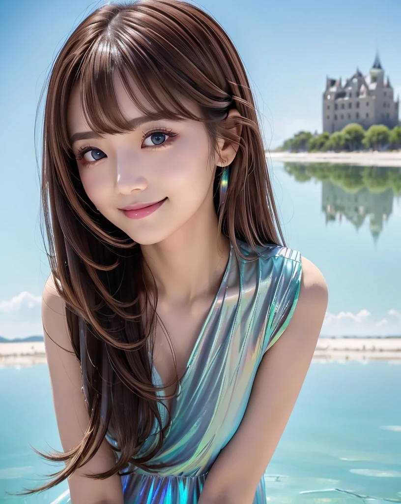 (Highest quality, 32k, High resolution, Masterpiece:1.5), marimo_jet, god々A photograph with brilliant dazzling and healing power., Evoking a sense of calm and elusive beauty, Expressing emotions, Have a rich imagination, Beautiful Japanese Girls, An exceptionally beautiful face, Small Face Beauty, , Perfect Human Anatomy, Magical big eyes, Motherhood and generosity, Deep Love, fleeting smile, ((Iridescent brown hair:1.3)), Super long hair swaying in the wind, Asymmetrical bangs, Hair between the eyes, Transparent, soft white skin, Sharp eyebrows, Thin lashes, ((Natural Makeup:1.3)), Red dress, High resolutionの完璧な鎖骨, High resolutionの美しい胸元, Slim figure with ample breasts, High resolutionの美しい太もも, ((An old castle appears hazy on the distant horizon:1.5)), ((Salar de Uyuni stretches to the horizon:1.3)), ((The water surface reflects the sky like a mirror:1.5)), Beautiful detailed blue sky, Professional photographer, Professional Lighting, Professional models, god秘的