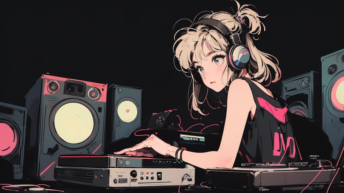 DJ girl in HIPHOP fashion wearing DJ headphones,Front view , scratch, Two large LED-illuminated speakers on each side, Immerse yourself in a neon-lit environment, In front of her is a music mixer and a turntable.、A record is placed on the turntable,ターンテーブルはTechnics SL-1200MK7,