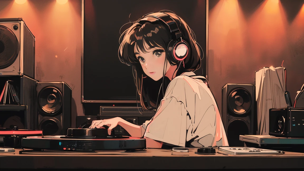 DJ girl in HIPHOP fashion wearing DJ headphones,Front view , scratch, Two large LED-illuminated speakers on each side, Immerse yourself in a neon-lit environment, In front of her is a music mixer and a turntable.、A record is placed on the turntable,ターンテーブルはTechnics SL-1200MK7,