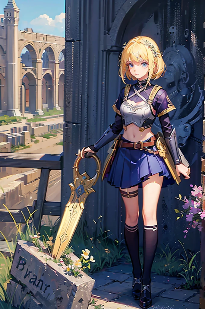 girl, roman warrior, princess blade , 14 yenager girl,, l breasts, mini cropped, valkyrian princess ,blonde, detailed face, beautiful, confiant, background in uk land with flowers