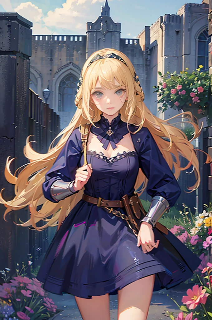 teen girl, roman warrior, princess blade , 14 years old, teenager girl,, small breasts, mini cropped, valkyrian princess ,blonde, detailed face, beautiful, confiant, background in uk land with flowers

