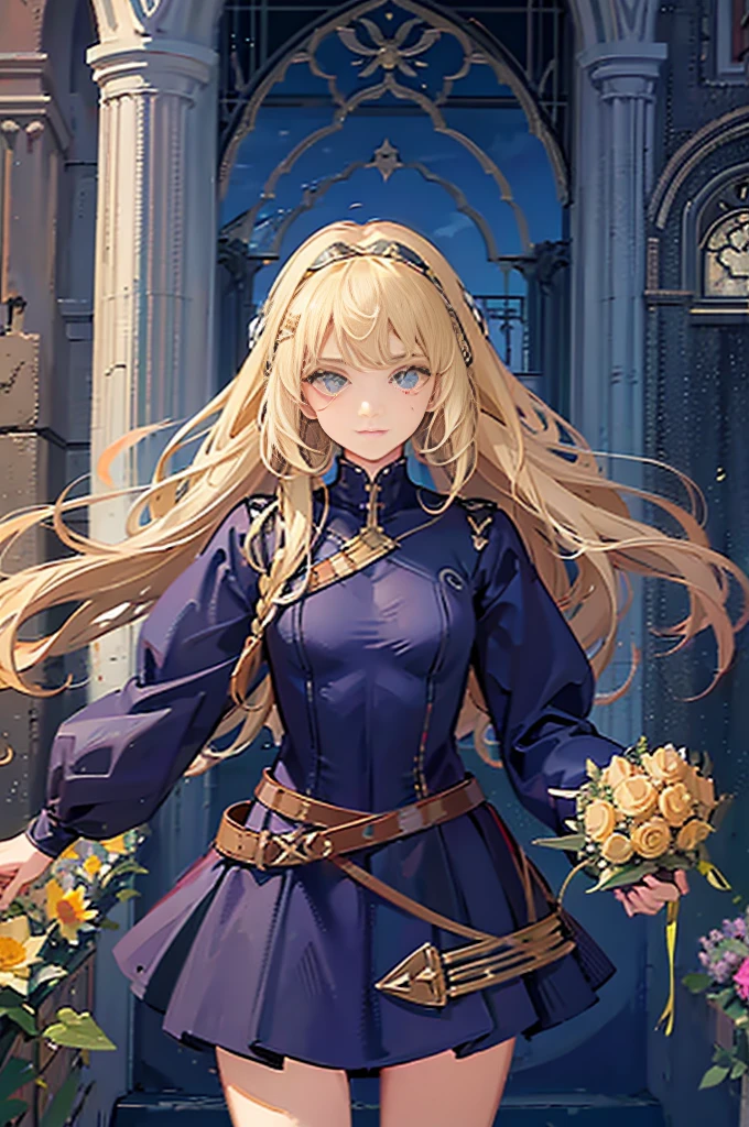 teen girl, roman warrior, princess blade , 14 years old, teenager girl,, small breasts, mini cropped, valkyrian princess ,blonde, detailed face, beautiful, confiant, background in uk land with flowers