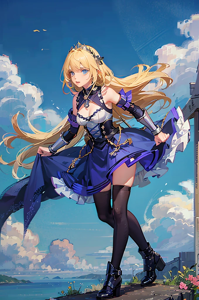 girl, roman warrior, princess blade , 14 yenager girl,, l breasts, mini cropped, valkyrian princess ,blonde, detailed face, beautiful, confiant, background in uk land with flowers