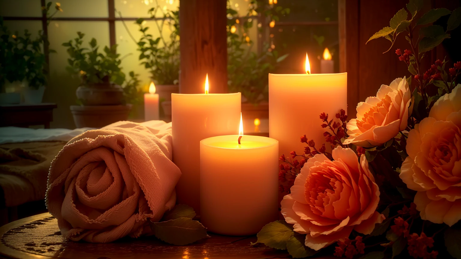 Candles and towels are sitting on a table with flowers, lit with Candles, Beautiful atmosphere, Peaceful atmosphere, Relaxed atmosphere, lit Candles, Beautiful atmosphere, glowing Candles, Night atmosphere, Romantic atmosphere, Candlelight, room full of Candles, 心地よいCandlesライト, Candles, Romantic atmosphere, Warm and beautiful scenery, relaxed mood, Candlesライト, Warm light from the lamp
