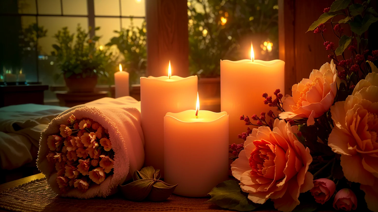 Candles and towels are sitting on a table with flowers, lit with Candles, Beautiful atmosphere, Peaceful atmosphere, Relaxed atmosphere, lit Candles, Beautiful atmosphere, glowing Candles, Night atmosphere, Romantic atmosphere, Candlelight, room full of Candles, 心地よいCandlesライト, Candles, Romantic atmosphere, Warm and beautiful scenery, relaxed mood, Candlesライト, Warm light from the lamp