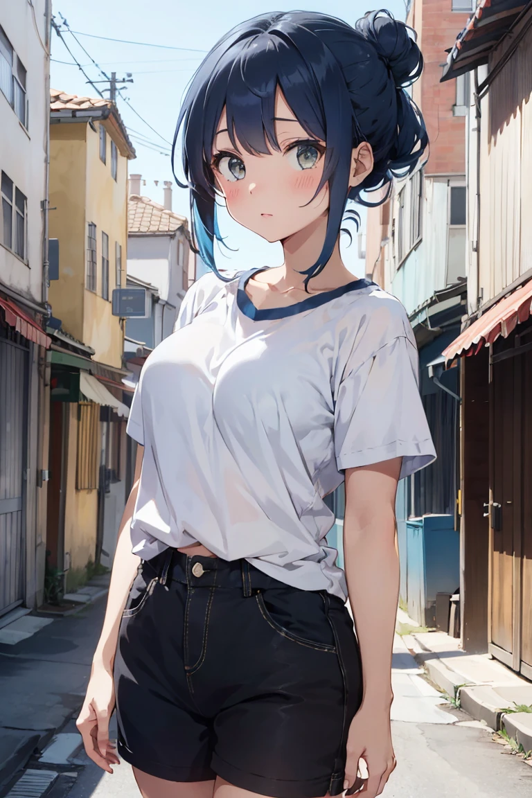 A blue-haired, Hair tied back into a round bun. yellow-eyed, blushing Wear a normal white t-shirt. black shorts big breasts