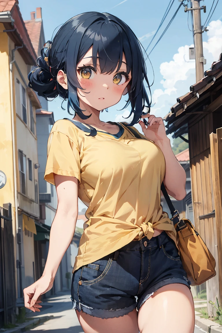 
A blue-haired, Hair tied back into a round bun. yellow-eyed, blushing Wear a normal white t-shirt. black shorts big breasts