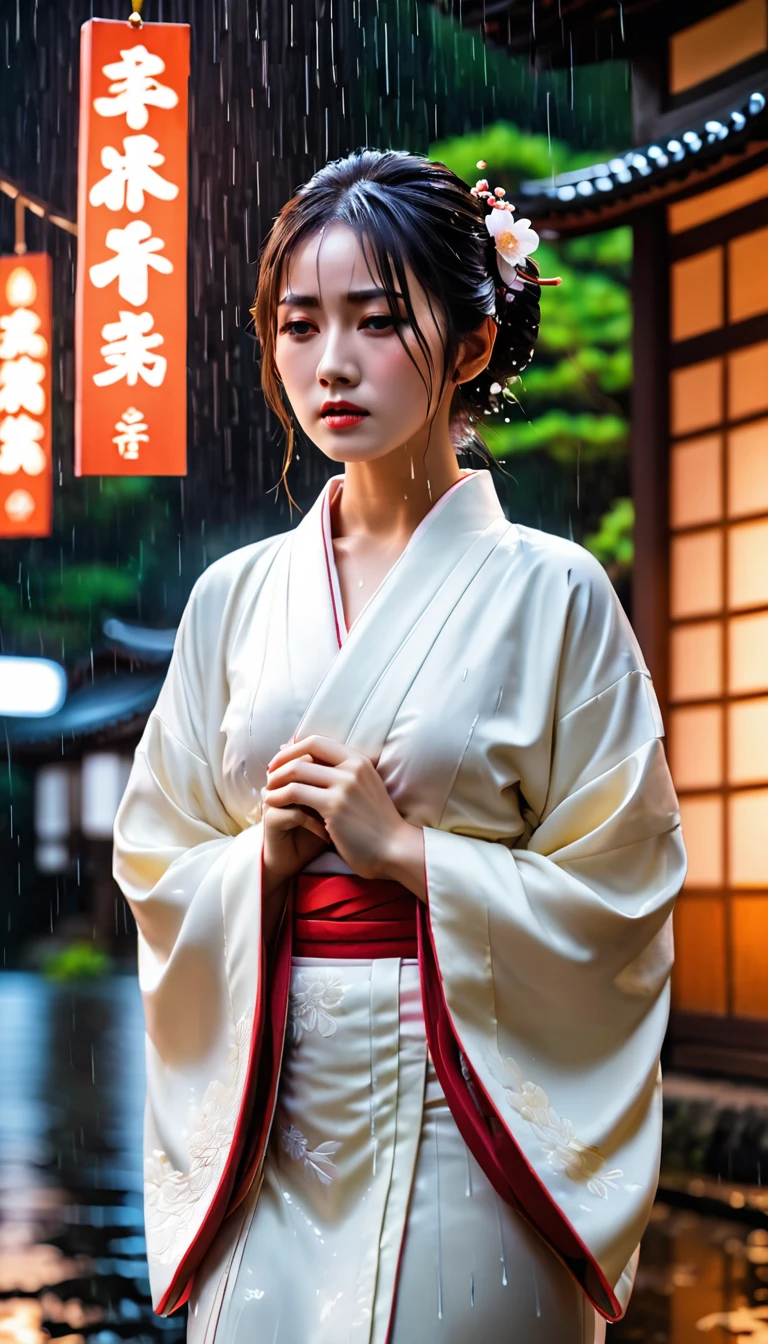 Woman soaked in the rain, A sad, despairing face, Wearing a plain white kimono, Dark Japanese shrine at night, Realistic, Breathtakingly high-quality photos,