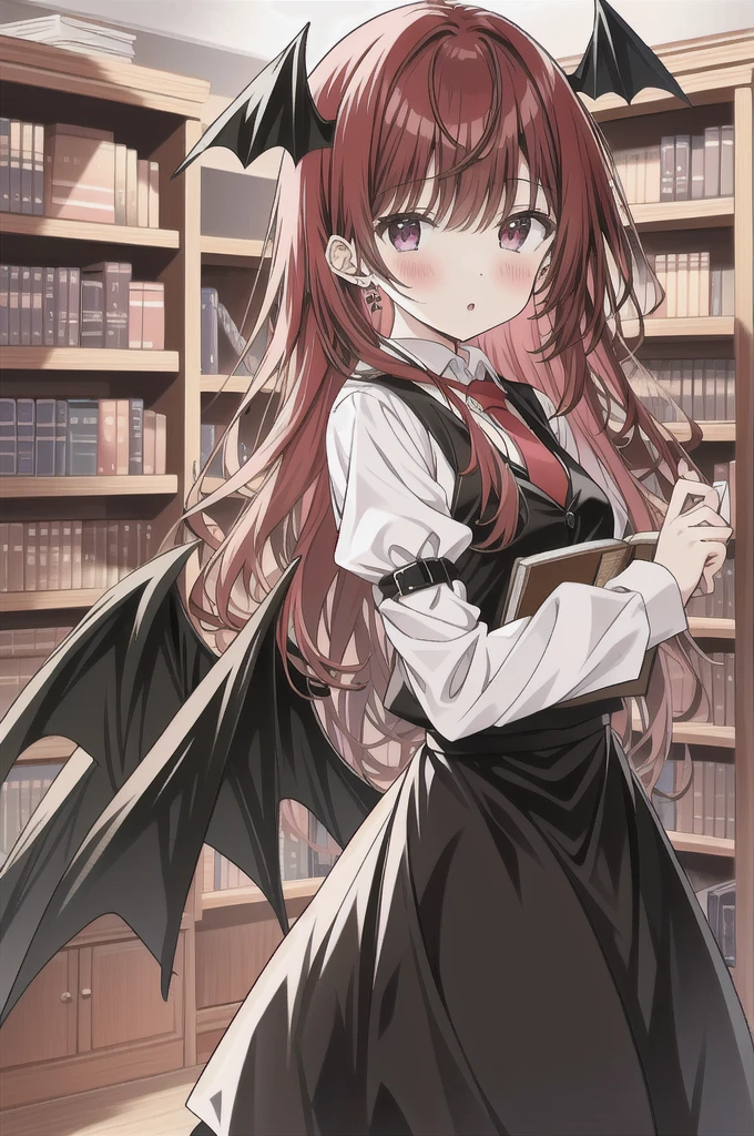 Koakuma, Alone, looking at viewer, Serious, holding book, bookshelf
 