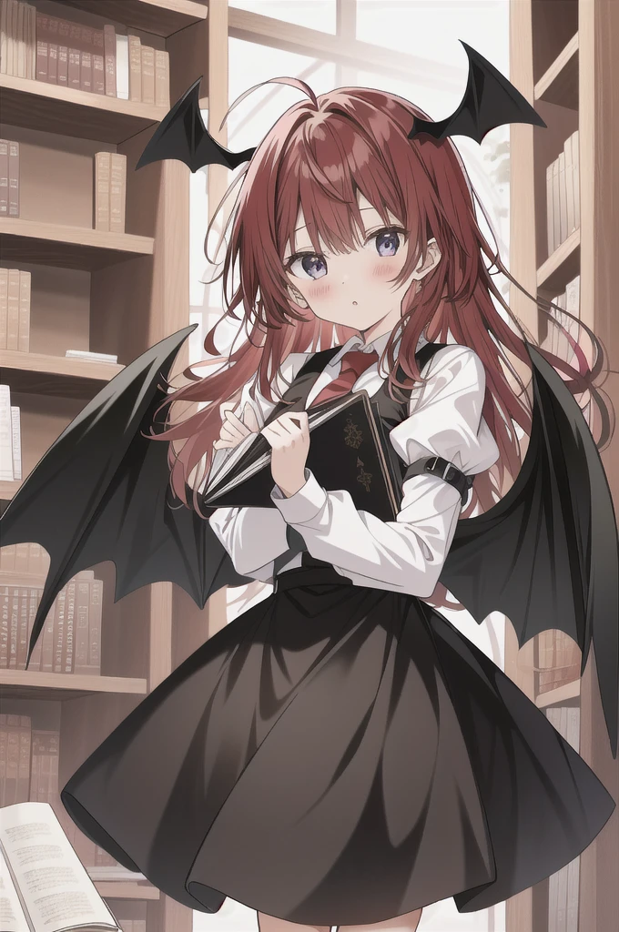 Koakuma, Alone, looking at viewer, Serious, holding book, bookshelf
 