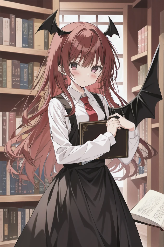 Koakuma, Alone, looking at viewer, Serious, holding book, bookshelf
 