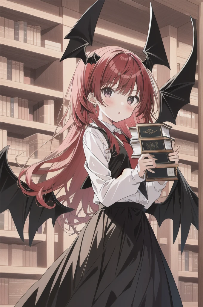 Koakuma, Alone, looking at viewer, Serious, holding book, bookshelf
 