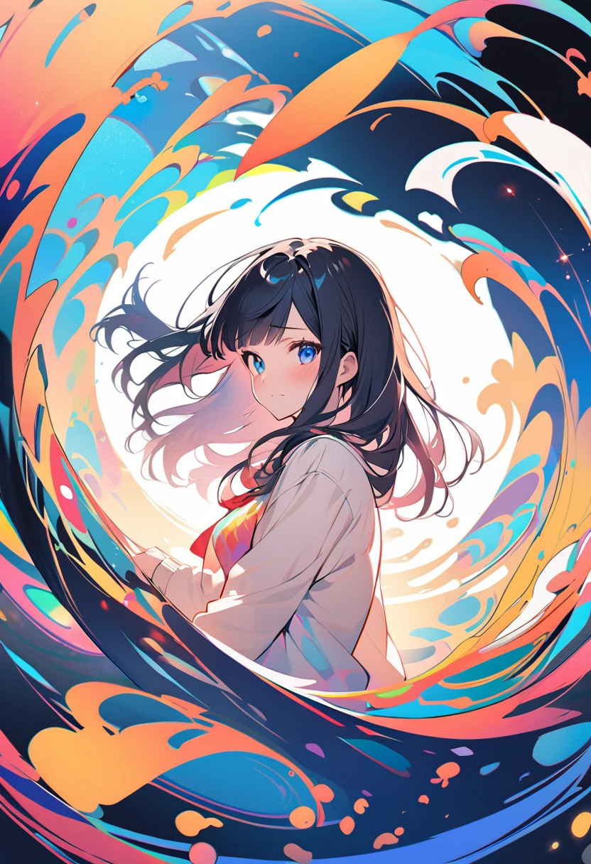 1 girl, long hair, black hair, straight hair, short bangs above brows, blue eyes, , white shirt, pleated skirt, embarrassed, blush, 
BREAK colorful anime-style illustration of a girl in a , Her silhouette is composed of dynamic, swirling patterns and vibrant circles, The background is a solid, bright yellow, creating a striking contrast with the intricate, multi-colored design of the girl