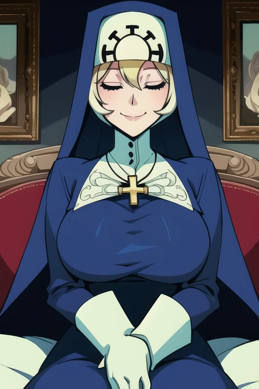 Double, short blonde hair, medium breasts, solo, smiling, cowboy shot, closed eyes,
blue habit, cross necklace ,white gloves, long sleeves, nun,
(insanely detailed, beautiful detailed face,beautiful detailed eyes, masterpiece, best quality) room, bedroom, sitting