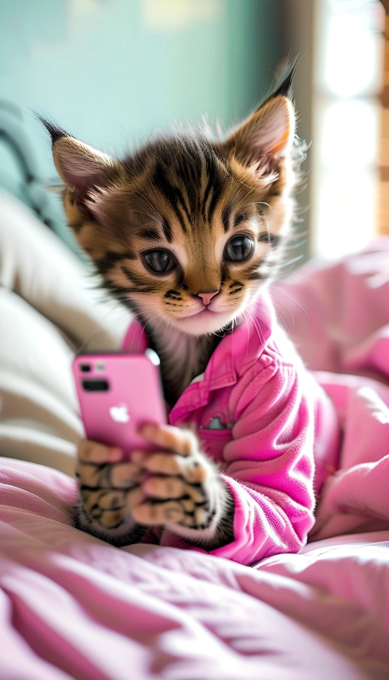 A kitten is wearing pink pajamas on the bed and looking at a smartphone