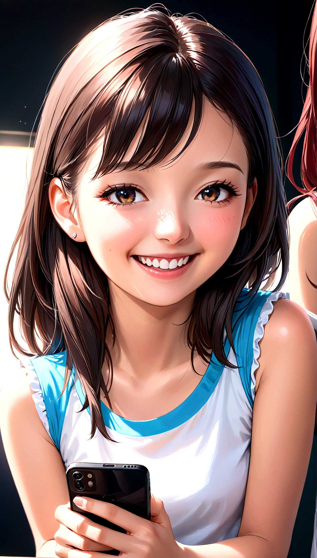 8K portrait of a beautiful young woman in a J-POP style, laughing heartily while chatting with friends on LINE using her smartphone, extremely detailed, high quality, ultra-high resolution, photorealistic, masterpiece, cinematic composition, trending on ArtStation