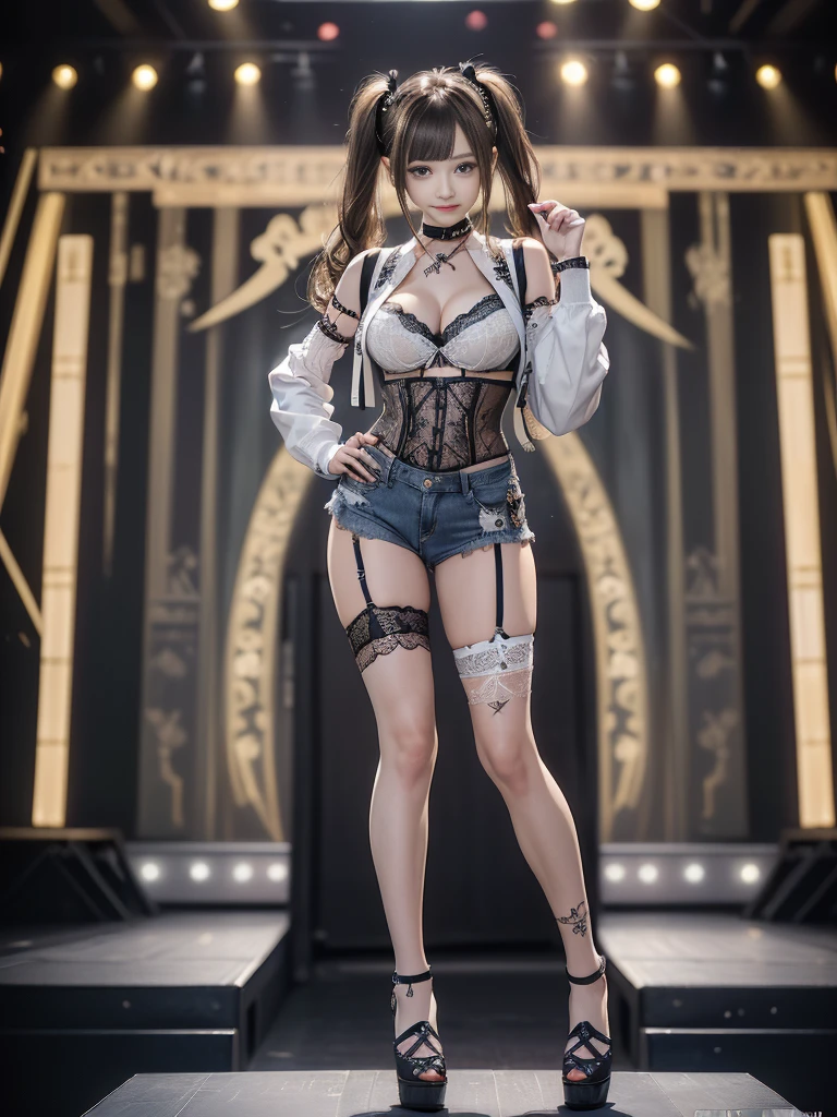 (Full Body View:1.2)、(Side view:1.1)、(Smiling with teeth showing:1.3),(Shibuya Gal:1.5)、(Beautiful hookers in Las Vegas:1.4)、(Neo-Goth Fashion:1.5)、(Punk RockVisual Kei:1.3)、(Futuristic white, black and denim bodysuit:1.5)、(A delicate denim and white cardigan:1.5)、(Gorgeous decorated corset:1.4)、(denim garter belt:1.5)、(Denim and white cargo pants:1.3)、(Heart-shaped silver accessories:1.5)、(Brown Skin Belt:1.4)、(Blue High Heels:1.4)、(Lace underwear:1.4)、20-year-old、Browsing Caution,((Highest quality、In 8K、masterpiece:1.3))、Sharp focus:1.2、(Layered Cut、Huge breasts:1.1),Beautiful woman with perfect figure:1.4、(Doing an aerobics pose:1.3)、Slim Abs:1.2、Butt、Highly detailed face and skin texture、Fine grain、double eyelid,(Twin tails:1.3)、(Brownish golden hair:1.3)、Obscene、Idol Sculpture、(The background is a sunny fashion show stage.:1.3)、(Slimming your legs:1.4)、(The body is slim:1.3)、(clavicle:1.1)