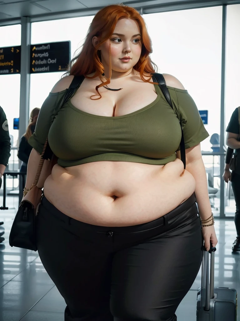 A plane passenger detailed photo of a Beautiful ginger SSBBW, with long wavy ginger hair, with big soft fat belly, thicc fat arms, thicc wide legs, big breast, in a cute green top tucked in her pants, and black pants, in an airport waiting for the plane, with only one big shoulder bag on her shoulder
