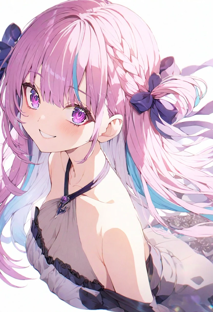 (muste piece), (best quality), very detailed eyes, expressive eyes, perfect face, very detailed face, highly detailed face, beautiful girl, 8K, beautiful girl, white background, delicate and beautiful face and eyes, dark intense shadow,
1 girl, vtuber style, cool girl, hololive,Minato Aqua, see-through:evening dress, big chest, cropped shoulders, clavicle from behind, looking back, smile, (whole body), standing,