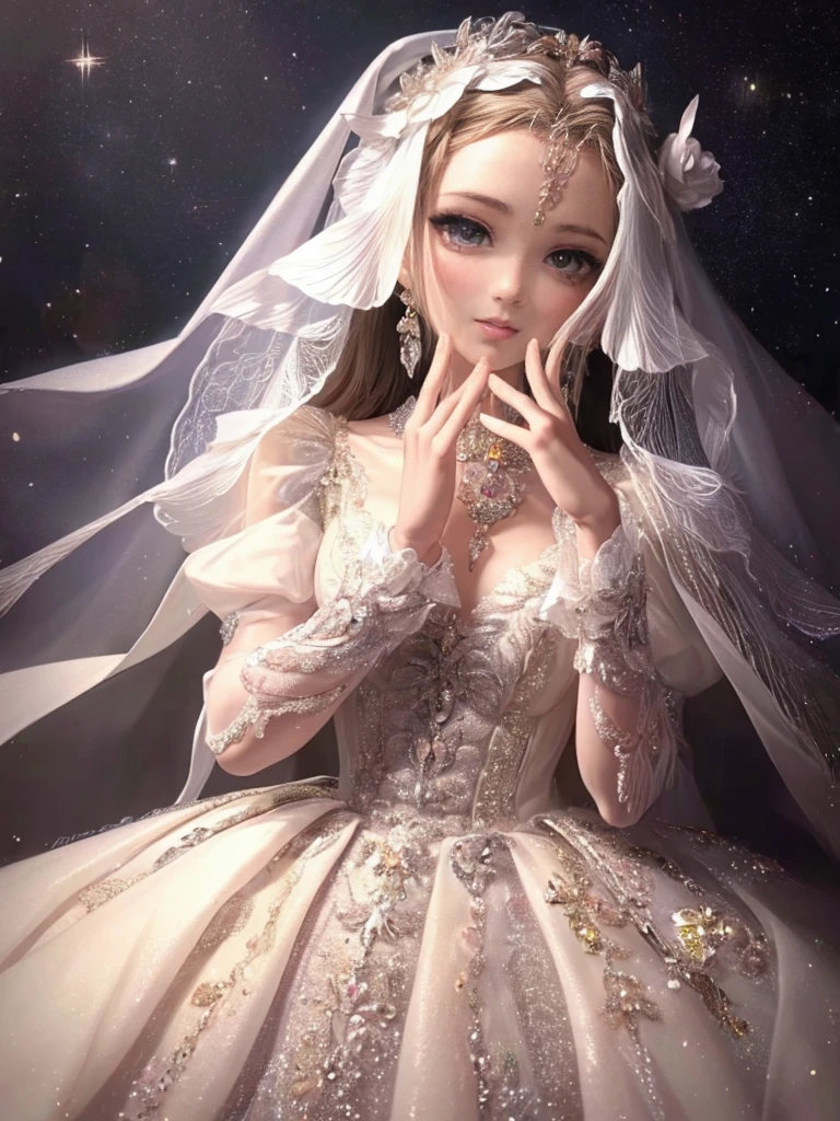 (highest quality:1.4),(masterpiece:1.4),super detailed,8K,cg,exquisite,Upper body,Lonely,thumb girl,Little Princess,flowing coat dress,garden background,detailed facial features,long curly hair,Almond Eyes,Delicate eye makeup,long fluttering eyelashes,Sparkling starry eyes,and a starry gaze, intricate lip details,soft and harmonious style.