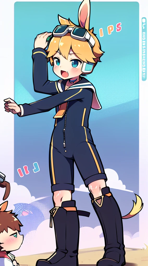 2D Shonen Shota，One-piece mountaineering suit，Slim, healthy body，Put the headphones on your head，stand up，goggles，Rabbit ears，Happy，Sailor collar，tie，Zipper down，boots，charming，moan