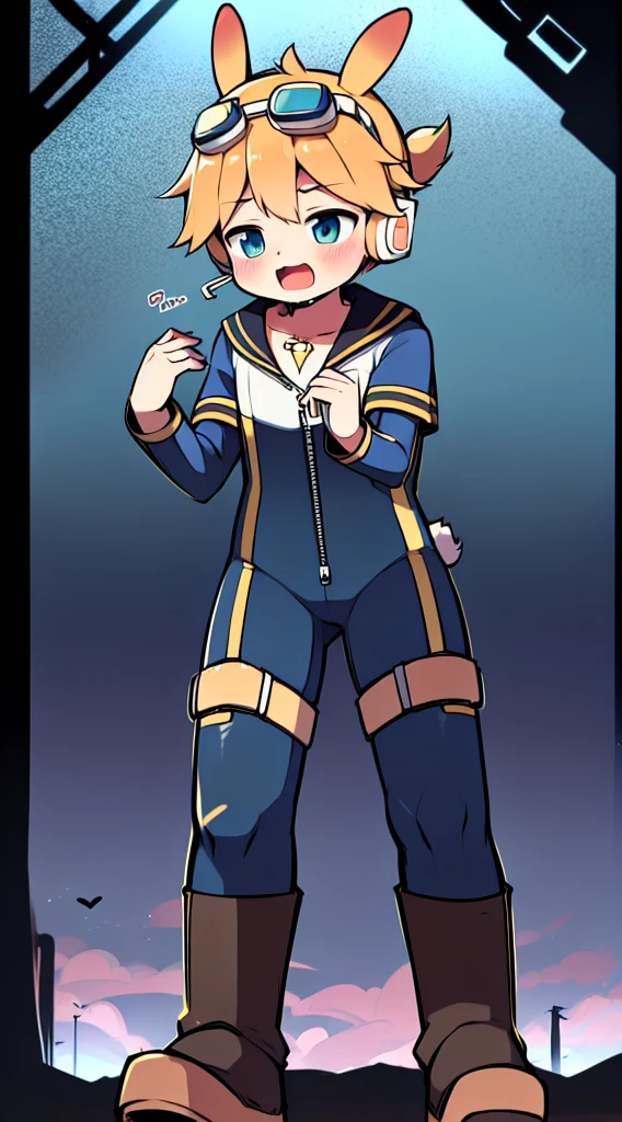 2D Shonen Shota，One-piece mountaineering suit，Slim, healthy body，Put the headphones on your head，stand up，goggles，Rabbit ears，Happy，Sailor collar，tie，Zipper down，boots，charming，moan