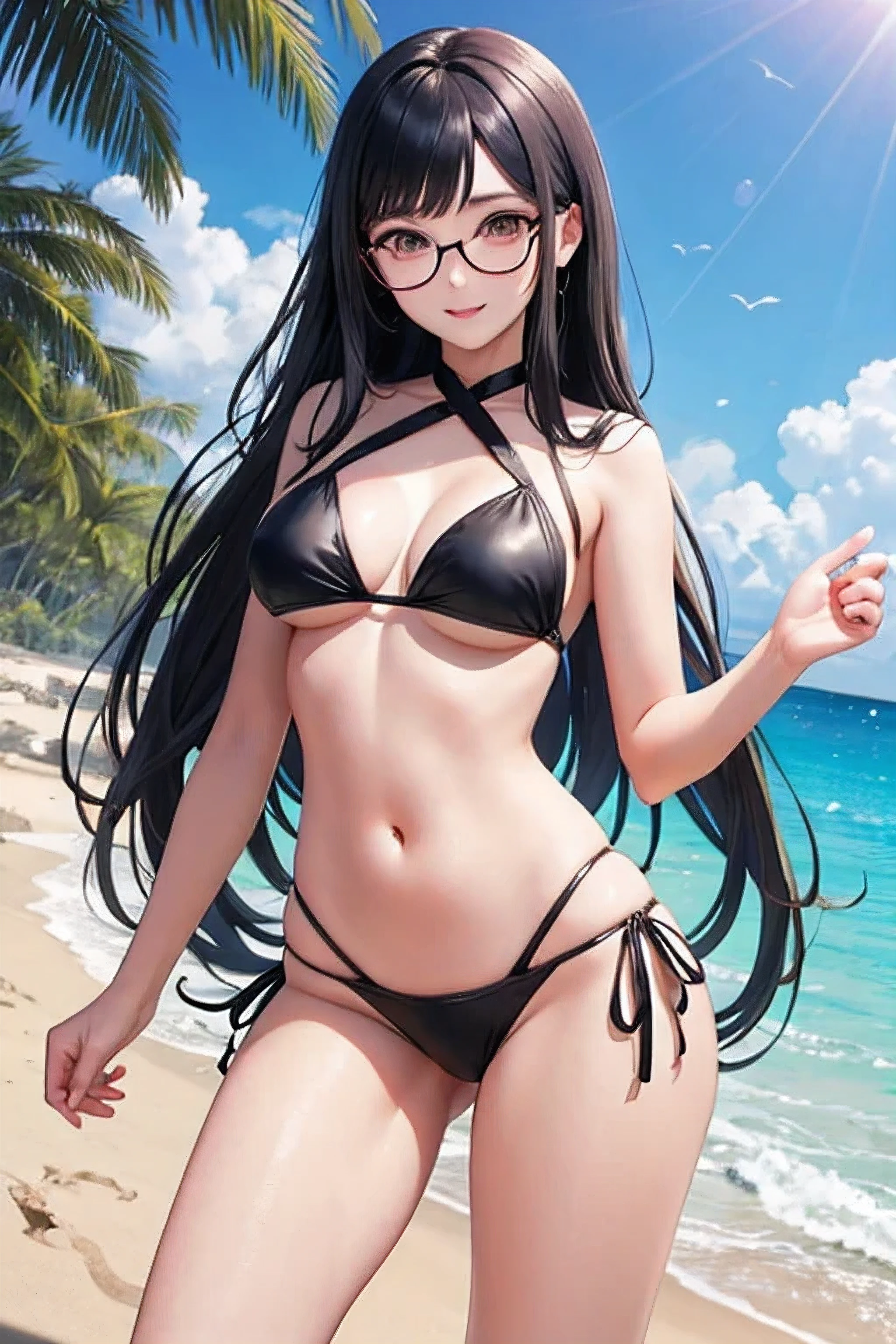 A beautiful,Girl, Anime style girl, long black hair, round frame gold glasses "Black mask" "Bikini" beach "legs wide open" Leg ring cute 4k