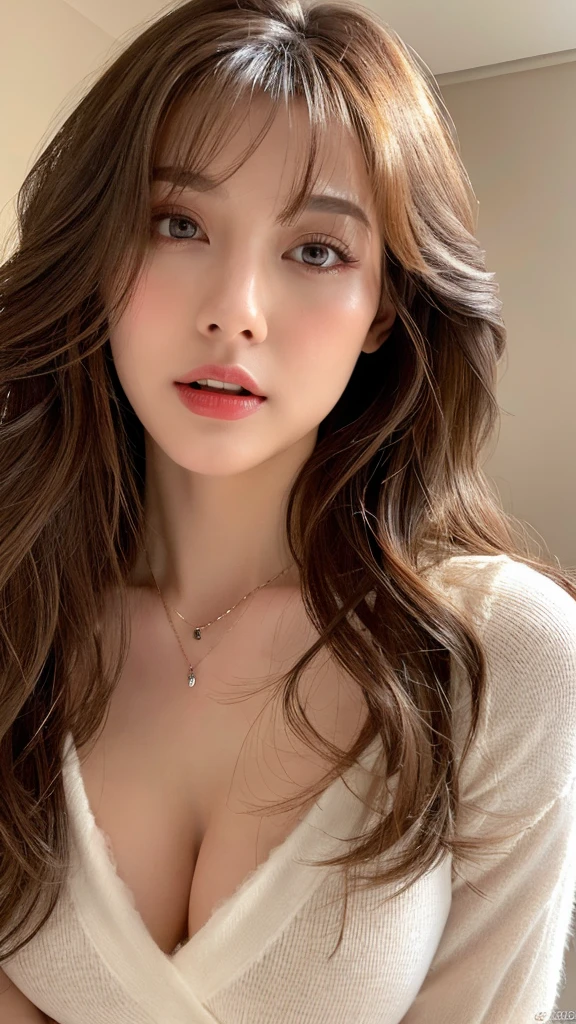 (The best product,High resolution,masterpiece:1.3),A sexy and beautiful woman,slim body,((Air bangs,Brown hair,Fluffy wavy style))((Long wavy red hair))Beautiful and smooth G cup breasts、Show cleavage,Wearing a pendant,Wearing only a white scarf,(The background is an interior modern bed),Delicate sunlight、in bright room,Details on faces and skin textures are beautifully rendered,Delicate and sexy eyes,double eyelids、Sexy lips biting、facing the audience、Sexy expression、The body is soaked
