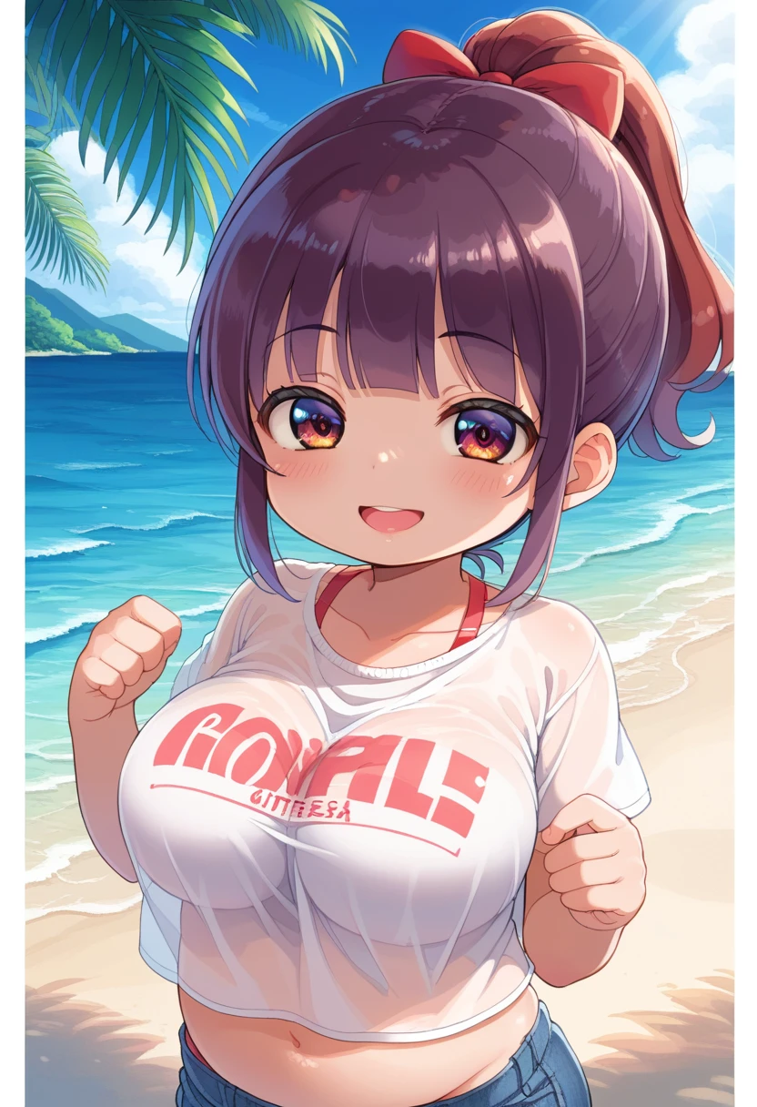 score_9,score_7_up, score_6_up, 1girl, source_cartoon, source_anime,breathtalking Scenery,watercolor,smooth soft skin, natural skin,watercolor, anime screencap,mjm,brs
BREAK
(:1.9),(little female child:1.9),(oppai loli), (large breasts:1.3),(disproportionate breasts:1.5),(loli tod:1.4),(mini girl:1.3),(4 yo:1.3),(Toddler body:1.4),(muffin top:0.8),(preschooler:1.1),(infant:1.1),(baby face),round face,
BREAK
high ponytail,(reddish purple hair:1.7),highlight on eyes,(purple eyes:1.1),diagonal bangs,(smug face:1.2),doyagao,open mouth, ultra cute face,kawaii,skindantation,oily skin, beautiful eyes, detailed eyes,happy,puffy eyes, smile,
BREAK 
(see through over-sized extra long:1.2) t-shirt, short sleeves, (shadows of body:1.5),background over (transparent thin:1.2) over-sized extra big shirt,back light,(bikini:0.9),
BREAK 
dynamicpose,sea,wave,island,tropical,dynamicangle,breathtalking background, outdoors,pastelcolor,