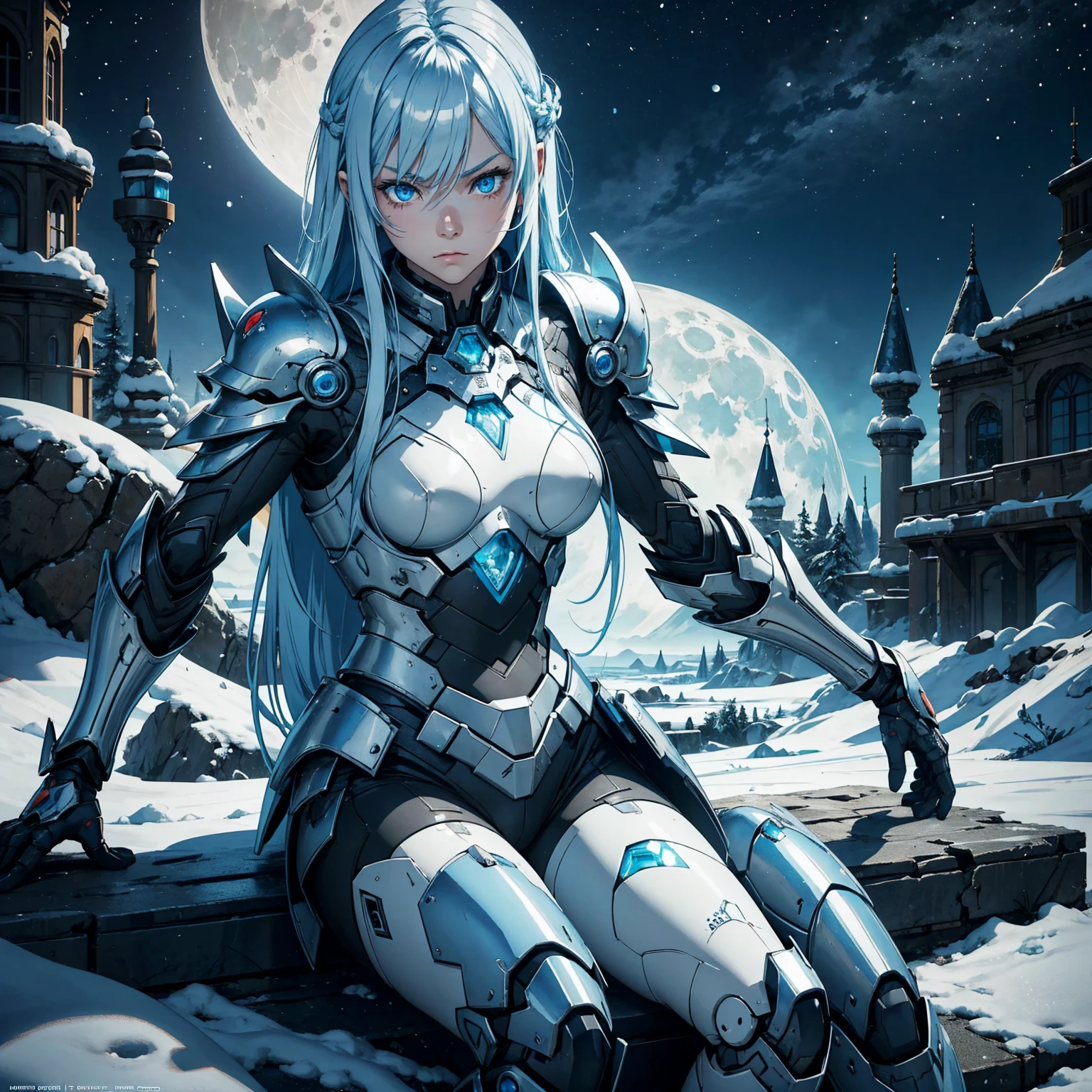 1girl!!!, very long bob hair with bangs, light blue hair, very small breasts, small size, blue eyes, fair skin, very lots of scars on body!, no scars on face!!, serious face, Small battle armor, ice magic, full body, sitting, night, moon, snowy ruin, very sexy body, detailed face, highly detailed, 8k, best quality, masterpiece, vibrant colors, digital art, concept art