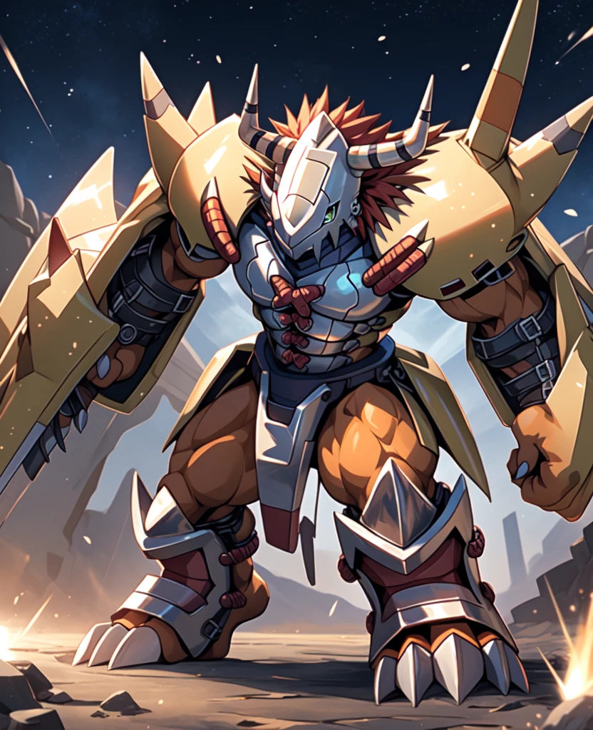 Masterpieces,official art,anthro,male,(wargreymon:1.2),Delicate face,Delicate eyes,helmet, armor, horn, digimon, upper body, depth of field, perfect lighting, light particles,(best quality),(masterpiece),(ultra detailed),sharp focus,light particles, fighting posture 