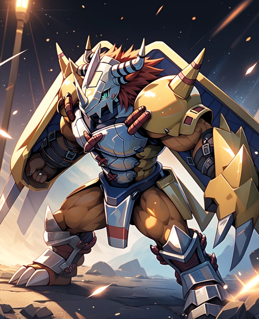 Masterpieces,official art,anthro,male,(wargreymon:1.2),Delicate face,Delicate eyes,helmet, armor, horn, digimon, upper body, depth of field, perfect lighting, light particles,(best quality),(masterpiece),(ultra detailed),sharp focus,light particles, fighting posture