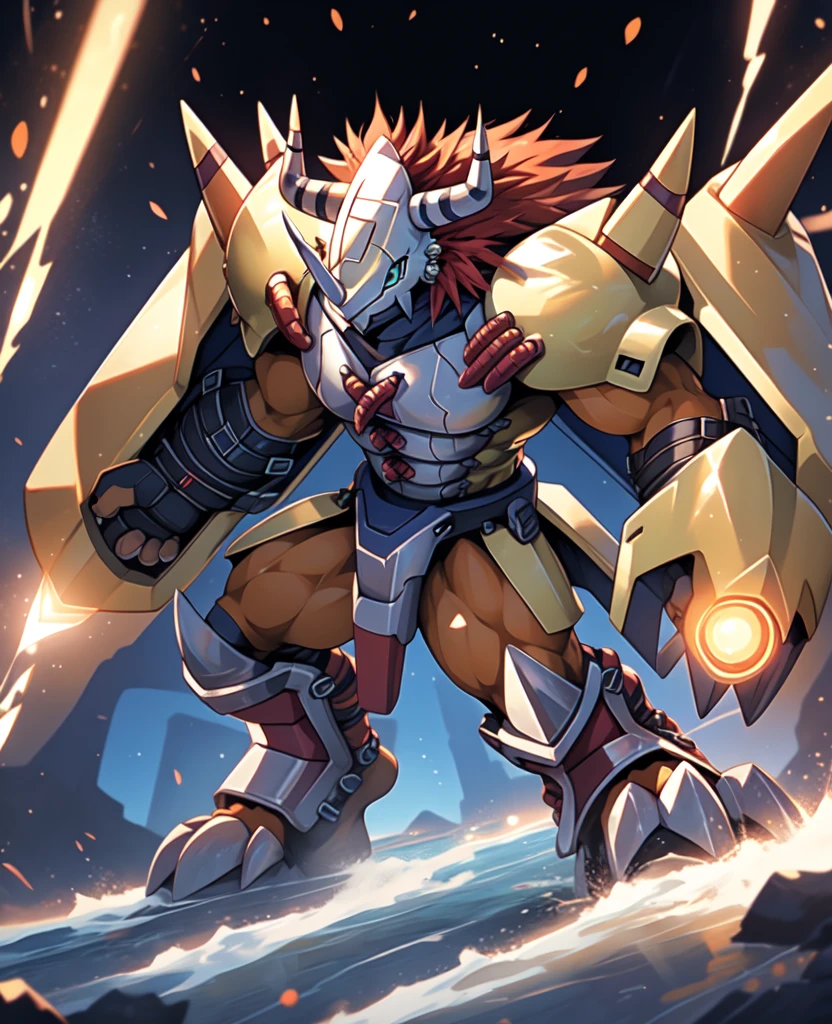 Masterpieces,official art,anthro,male,(wargreymon:1.2),Delicate face,Delicate eyes,helmet, armor, horn, digimon, upper body, depth of field, perfect lighting, light particles,(best quality),(masterpiece),(ultra detailed),sharp focus,light particles, fighting posture