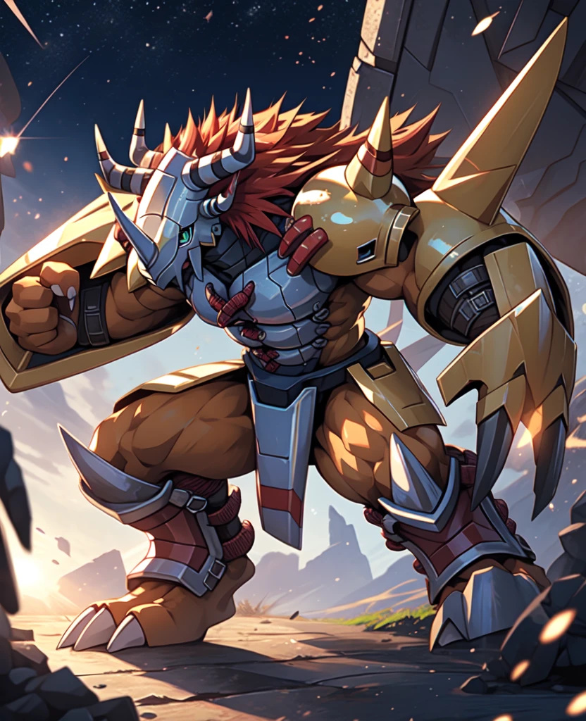 Masterpieces,official art,anthro,male,(wargreymon:1.2),Delicate face,Delicate eyes,helmet, armor, horn, digimon, upper body, depth of field, perfect lighting, light particles,(best quality),(masterpiece),(ultra detailed),sharp focus,light particles, fighting posture