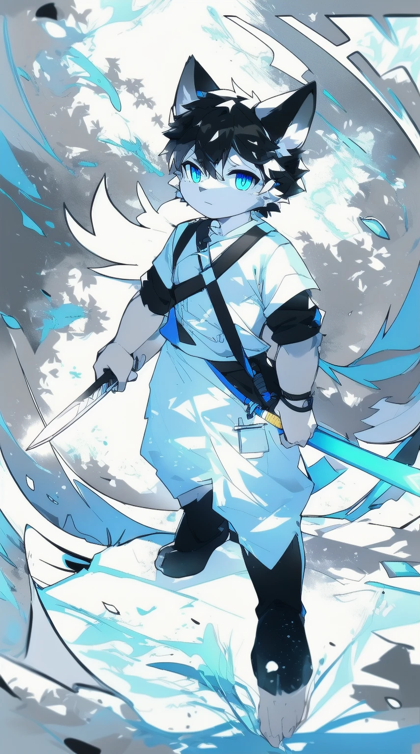 White Wolf,black hair,Sky blue eyes,hairy,Wolf ears,Wolf tail,Full body portrait,The character is in the center of the frame,Handsome,Confident eyes,male,juvenile,Black and white combat uniform,Red neck bib,Black shorts,Short sleeve,hairy arms and legs,Dark background,Dark battlefield,dawn,sunrise,dawn,illumination,shadow,Swordsman,Scabbard and sword,Hold the hilt of a sword in your hand,The scabbard is at the waist,Highest quality