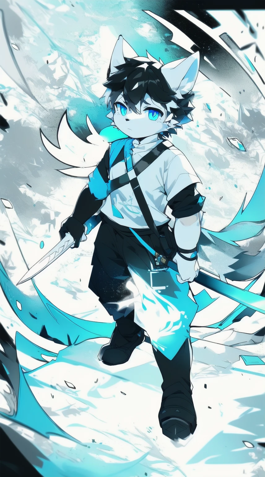 White Wolf,black hair,Sky blue eyes,hairy,Wolf ears,Wolf tail,Full body portrait,The character is in the center of the frame,Handsome,Confident eyes,male,juvenile,Black and white combat uniform,Red neck bib,Black shorts,Short sleeve,hairy arms and legs,Dark background,Dark battlefield,dawn,sunrise,dawn,illumination,shadow,Swordsman,Scabbard and sword,Hold the hilt of a sword in your hand,The scabbard is at the waist,Highest quality