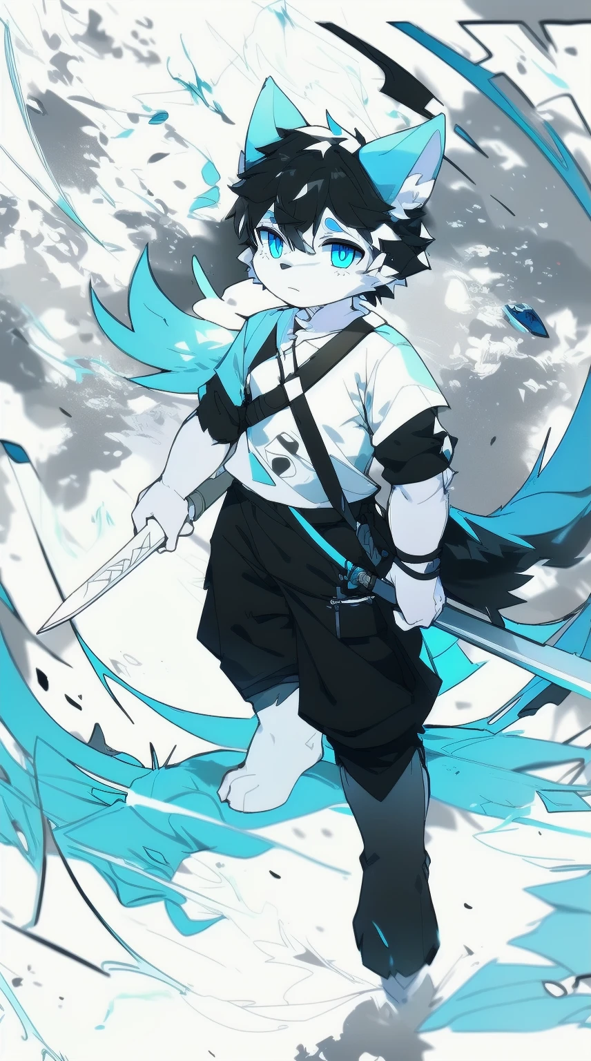 White Wolf，black hair，Sky blue eyes，hairy，Wolf ears，Wolf tail，Full body portrait，The character is in the center of the frame，Handsome，Confident eyes，male，juvenile，Black and white combat uniform，Red neck bib，Black shorts，Short sleeve，hairy arms and legs，Dark background，Dark battlefield，dawn，sunrise，dawn，illumination，shadow，Swordsman，Scabbard and sword，Hold the hilt of a sword in your hand，The scabbard is at the waist，Highest quality
