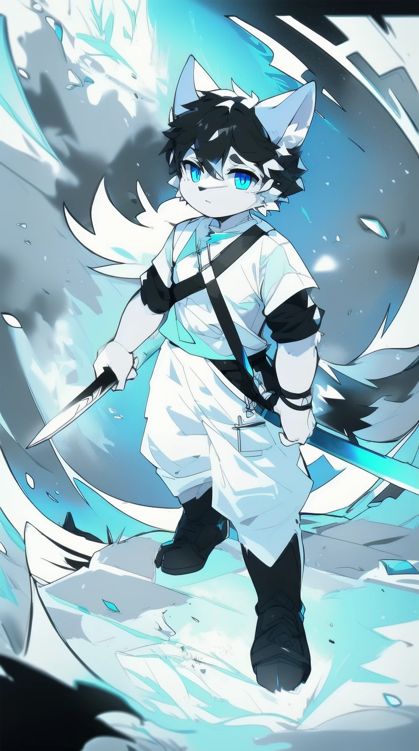 White Wolf，black hair，Sky blue eyes，hairy，Wolf ears，Wolf tail，Full body portrait，The character is in the center of the frame，Handsome，Confident eyes，male，juvenile，Black and white combat uniform，Red neck bib，Black shorts，Short sleeve，hairy arms and legs，Dark background，Dark battlefield，dawn，sunrise，dawn，illumination，shadow，Swordsman，Scabbard and sword，Hold the hilt of a sword in your hand，The scabbard is at the waist，Highest quality