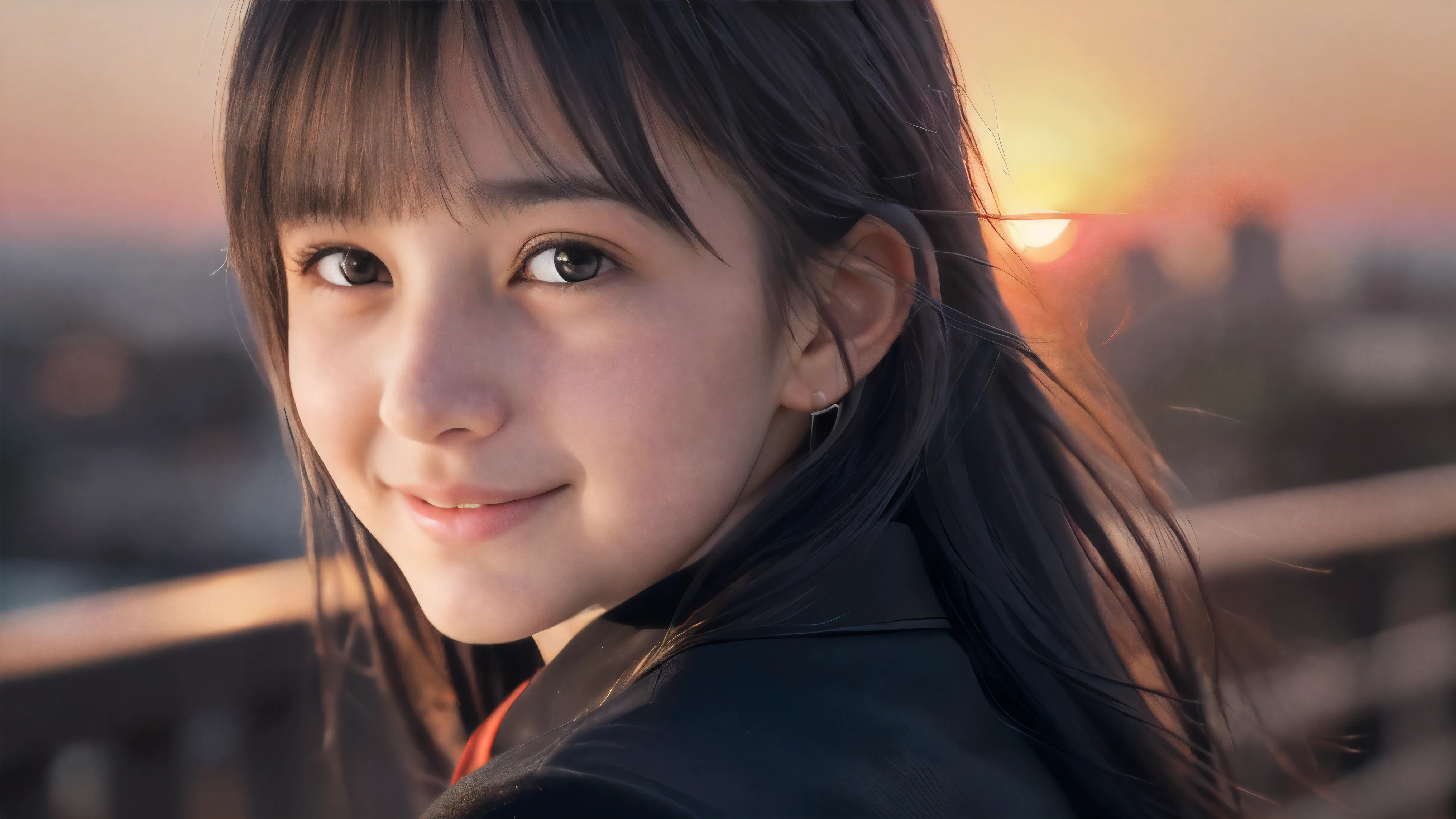 (Close up face shot of one slender small breasts two side up black medium hair bangs girl with crying little smile face in long sleeves black school uniform:1.5)、(One girl is turn around at sunset red sky with her face is reflected sunset light and her hair is blowing in long sleeves black school uniform:1.5)、(Beautiful red sunset sky at skyscraper city landscape:1.5)、(Natural lighting:1.5)、(8k ultra detailed master piece:1.5)、(perfect anatomy:1.5)、(Photorealistic stick:1.5)、(Raw photo:1.3)、(highest quality:1.5)、(High resolution:1.3)、(Delicate and beautiful perfect face:1.3)、(Delicate and beautiful eye air skin:1.3)、(Real Human Skin:1.3)、((thin legs))