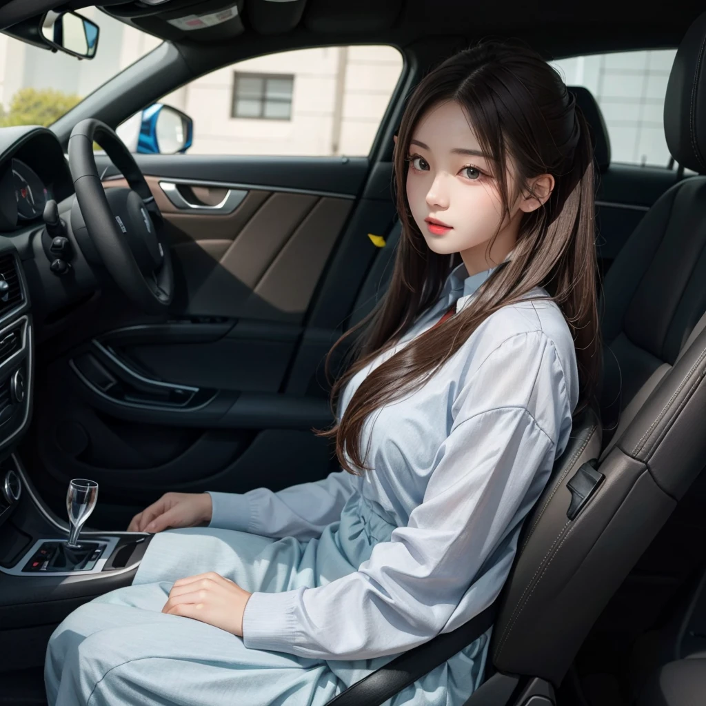 Beautiful young woman sitting in a car。