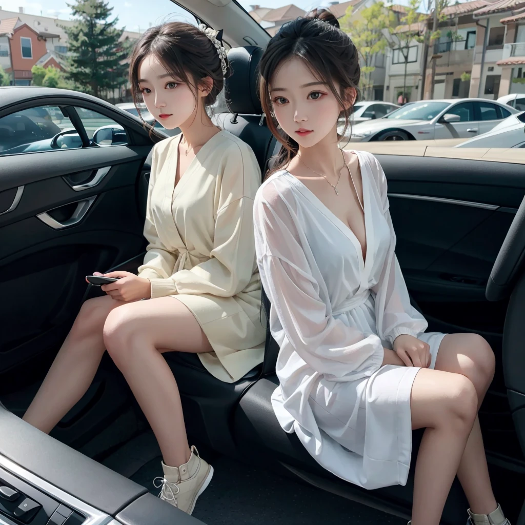 Beautiful young woman sitting in a car。