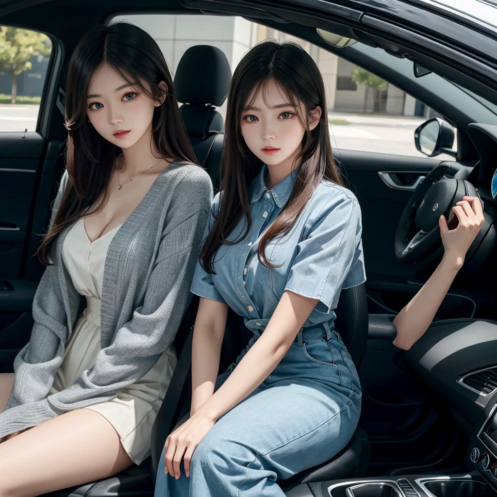 Beautiful young woman sitting in a car。