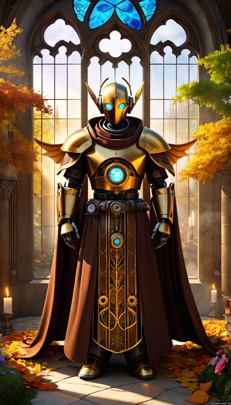 (best quality,4k,8k,highres,masterpiece:1.2),ultra-detailed,(realistic,photorealistic,photo-realistic:1.37),medieval monastery garden,steampunk robot monk,beautiful ornate architecture,steampunk machinery and gears,exquisite stained glass windows,enchanted flower garden,ancient stone walkway with intricate carvings,glowing candles and dimly lit atmosphere,steam and smoke billowing from the machinery,mystical atmosphere,peaceful and serene setting,mechanical wings attached to the robot monk's back,robot monk with intricate clockwork mechanisms,electromechanical eyes glowing with energy,warm golden color palette,gentle sunlight streaming through the stained glass windows,whispering sound of wind and rustling leaves,the scent of aged books and incense,notes of ancient Gregorian chants echoing in the air,sense of awe and tranquility,combination of futuristic and medieval elements,harmony of technology and spirituality.