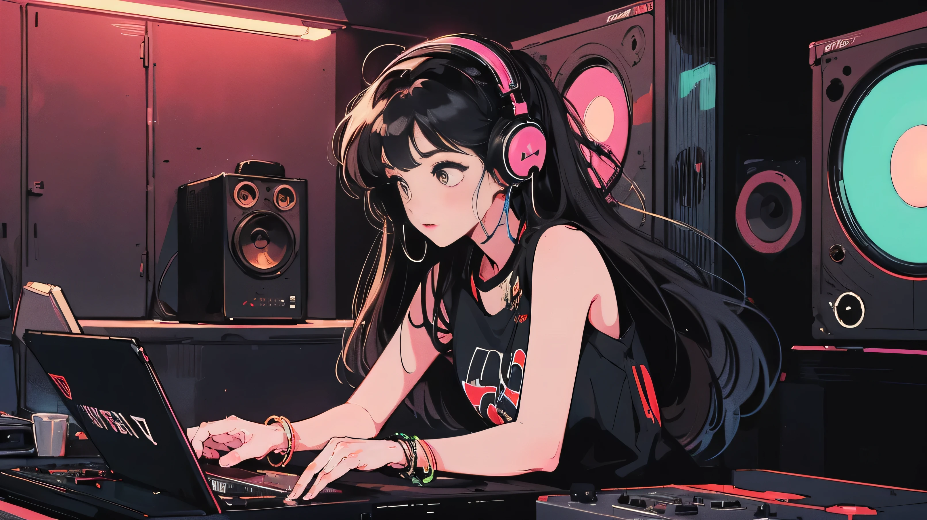 DJ girl in HIPHOP fashion wearing DJ headphones,Front view , scratch, Two large LED-illuminated speakers on each side, Immerse yourself in a neon-lit environment, In front of her is a music mixer and a turntable.、A record is placed on the turntable,ターンテーブルはTechnics SL-1200MK7,