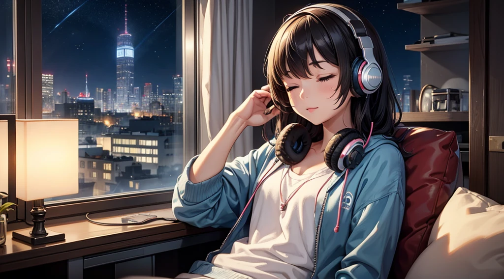 Girl with headphones enjoying music in a home　I am studying　Emphasize a little bit of the big chest　Looking towards me with eyes closed　Night Background